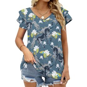 AILLOSA YH-670 Tamamı Baskılı Fırfırlı Kısa Kollu V Yakalı Kadın T-shirt