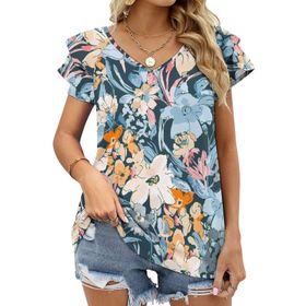 AILLOSA YH-671 Tamamı Baskılı Fırfırlı Kısa Kollu V Yakalı Kadın T-shirt
