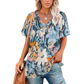 AILLOSA YH-671 Tamamı Baskılı Kısa Kollu V Yakalı Kadın T-shirt