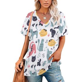 AILLOSA YH-673 Tamamı Baskılı Kısa Kollu V Yakalı Kadın T-shirt