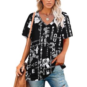 AILLOSA YH-675 Tamamı Baskılı Kısa Kollu V Yakalı Kadın T-shirt