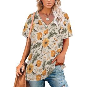 AILLOSA YH-677 Tamamı Baskılı Kısa Kollu V Yakalı Kadın T-shirt