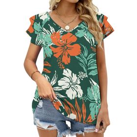 AILLOSA YH-68 Tamamı Baskılı Fırfırlı Kısa Kollu V Yakalı Kadın T-shirt