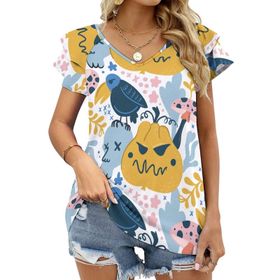 AILLOSA YH-680 Tamamı Baskılı Fırfırlı Kısa Kollu V Yakalı Kadın T-shirt