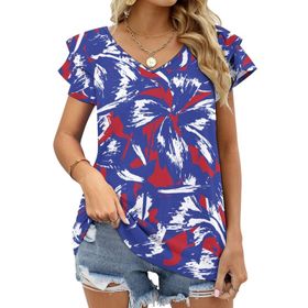 AILLOSA YH-681 Tamamı Baskılı Fırfırlı Kısa Kollu V Yakalı Kadın T-shirt