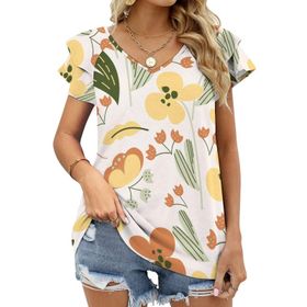 AILLOSA YH-682 Tamamı Baskılı Fırfırlı Kısa Kollu V Yakalı Kadın T-shirt