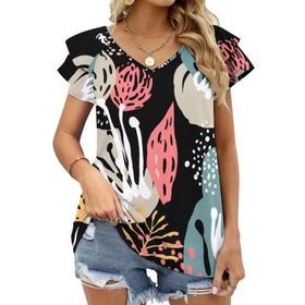AILLOSA YH-683 Tamamı Baskılı Fırfırlı Kısa Kollu V Yakalı Kadın T-shirt