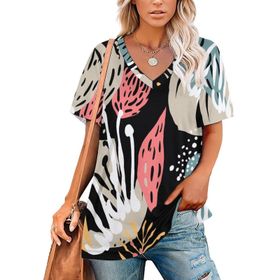 AILLOSA YH-683 Tamamı Baskılı V Yaka Kısa Kollu Kadın T-Shirt