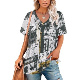 AILLOSA YH-684 Tamamı Baskılı V Yaka Kısa Kollu Kadın T-Shirt