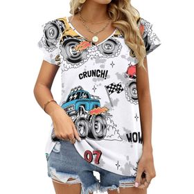 AILLOSA YH-685 Tamamı Baskılı Fırfırlı Kısa Kollu V Yakalı Kadın T-shirt