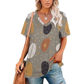 AILLOSA YH-688 Tamamı Baskılı V Yaka Kısa Kollu Kadın T-Shirt