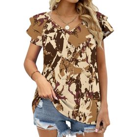 AILLOSA YH-69 Tamamı Baskılı Fırfırlı Kısa Kollu V Yakalı Kadın T-shirt