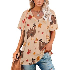 AILLOSA YH-690 Tamamı Baskılı V Yaka Kısa Kollu Kadın T-Shirt