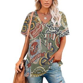 AILLOSA YH-697 Tamamı Baskılı V Yaka Kısa Kollu Kadın T-Shirt