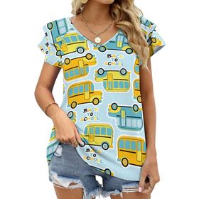 AILLOSA YH-698 Tamamı Baskılı Fırfırlı Kısa Kollu V Yakalı Kadın T-shirt