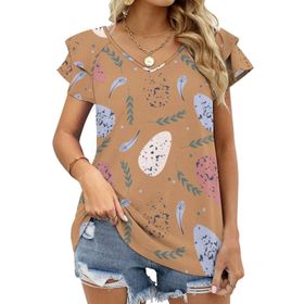 AILLOSA YH-699 Tamamı Baskılı Fırfırlı Kısa Kollu V Yakalı Kadın T-shirt