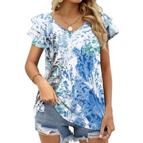 AILLOSA YH-70 Tamamı Baskılı Fırfırlı Kısa Kollu V Yakalı Kadın T-shirt