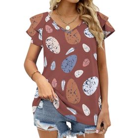 AILLOSA YH-703 Tamamı Baskılı Fırfırlı Kısa Kollu V Yakalı Kadın T-shirt