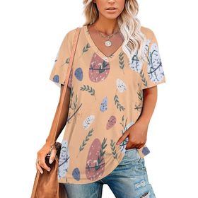 AILLOSA YH-704 Tamamı Baskılı V Yaka Kısa Kollu Kadın T-Shirt