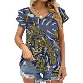 AILLOSA YH-71 Tamamı Baskılı Fırfırlı Kısa Kollu V Yakalı Kadın T-shirt