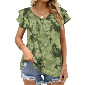 AILLOSA YH-72 Tamamı Baskılı Fırfırlı Kısa Kollu V Yakalı Kadın T-shirt