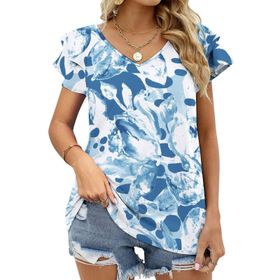 AILLOSA YH-74 Tamamı Baskılı Fırfırlı Kısa Kollu V Yakalı Kadın T-shirt