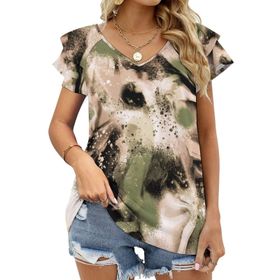 AILLOSA YH-79 Tamamı Baskılı Fırfırlı Kısa Kollu V Yakalı Kadın T-shirt