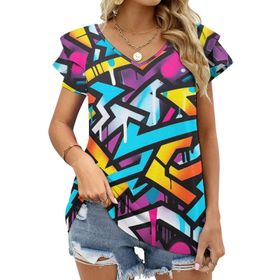 AILLOSA YH-8 Tamamı Baskılı Fırfırlı Kısa Kollu V Yakalı Kadın T-shirt
