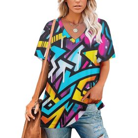AILLOSA YH-8 Tamamı Baskılı Kısa Kollu V Yakalı Kadın T-shirt