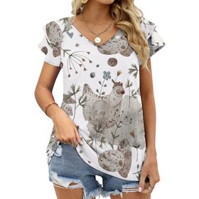 AILLOSA YH-82 Tamamı Baskılı Fırfırlı Kısa Kollu V Yakalı Kadın T-shirt