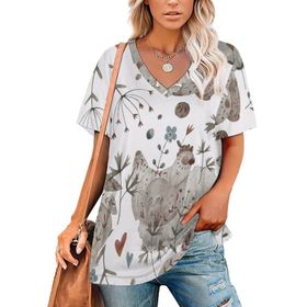 AILLOSA YH-82 Tamamı Baskılı V Yaka Kısa Kollu Kadın T-Shirt