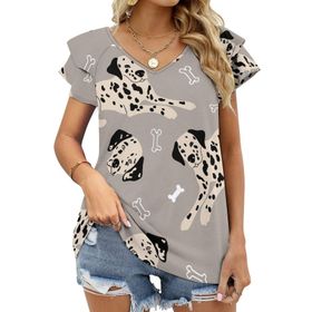 AILLOSA YH-84 Tamamı Baskılı Fırfırlı Kısa Kollu V Yakalı Kadın T-shirt