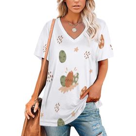 AILLOSA YH-86 Tamamı Baskılı V Yaka Kısa Kollu Kadın T-Shirt