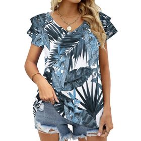 AILLOSA YH-88 Tamamı Baskılı Fırfırlı Kısa Kollu V Yakalı Kadın T-shirt