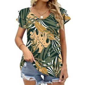 AILLOSA YH-91 Tamamı Baskılı Fırfırlı Kısa Kollu V Yakalı Kadın T-shirt