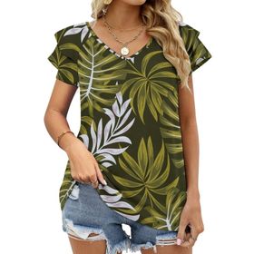 AILLOSA YH-92 Tamamı Baskılı Fırfırlı Kısa Kollu V Yakalı Kadın T-shirt