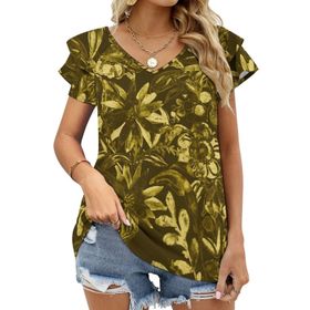 AILLOSA YH-94 Tamamı Baskılı Fırfırlı Kısa Kollu V Yakalı Kadın T-shirt