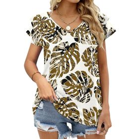 AILLOSA YH-96 Tamamı Baskılı Fırfırlı Kısa Kollu V Yakalı Kadın T-shirt