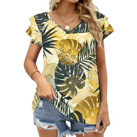 AILLOSA YH-97 Tamamı Baskılı Fırfırlı Kısa Kollu V Yakalı Kadın T-shirt