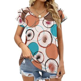 AILLOSA YH-98 Tamamı Baskılı Fırfırlı Kısa Kollu V Yakalı Kadın T-shirt