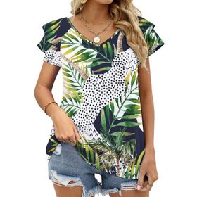 AILLOSA YH-99 Tamamı Baskılı Fırfırlı Kısa Kollu V Yakalı Kadın T-shirt