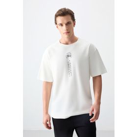 Air Jones 88355 Ekru Kalın Yumuşak Dokulu Oversize Fit Baskılı Erkek T- Shirt