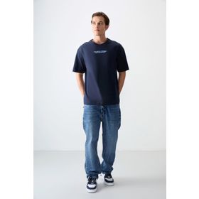 Air Jones 88356 Lacivert Kalın Yumuşak Dokulu Oversize Fit Baskılı Erkek T-Shirt