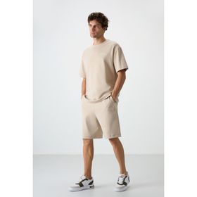 Air Jones Bej Pamuklu Kalın Yumuşak Dokulu Oversize Fit Nakışlı Erkek Şort Takım