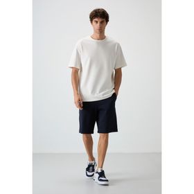 AIR JONES Ekru Lacivert Pamuklu Kalın Yumuşak Dokulu Oversize Fit Basic Erkek Şort Takım
