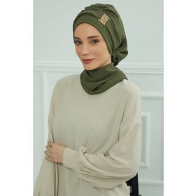 Aisha's Design HT-11A Haki Yeşili Gold Aksesuarlı Aerobin Kumaş Hazır Türban