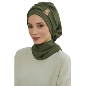 Aisha's Design HT-11A Haki Yeşili Gold Aksesuarlı Aerobin Kumaş Hazır Türban