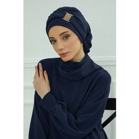 Aisha's Design HT-11A Lacivert Gold Aksesuarlı Aerobin Kumaş Hazır Türban