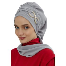 Aisha's Design HT-94 Gri Aerobin Aksesuarlı Kumaş Hazır Türban