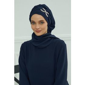 Aisha's Design HT-94 Lacivert Aerobin Aksesuarlı Kumaş Hazır Türban